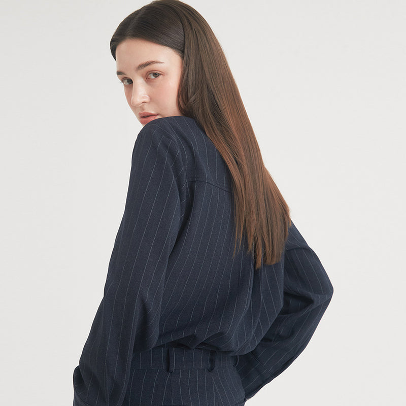 ウールストライプピンタックシャツ / Wool Stripe Pintuck Shirt (Navy)