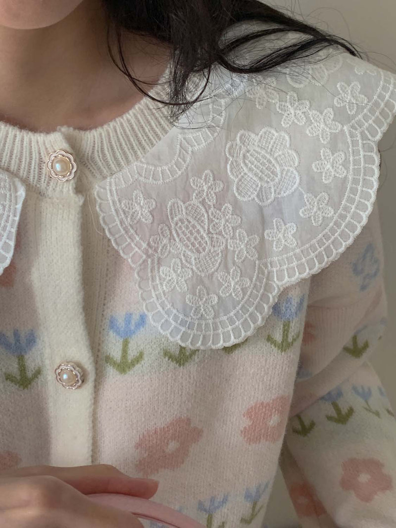 フラワーレースカラーボタンカーディガン/FLOWER LACE COLLAR BUTTON