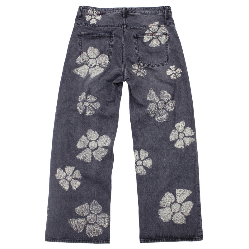 フラワー ブリーチ ワイド デニム パンツ / flower bleach wide denim pants (washed black)