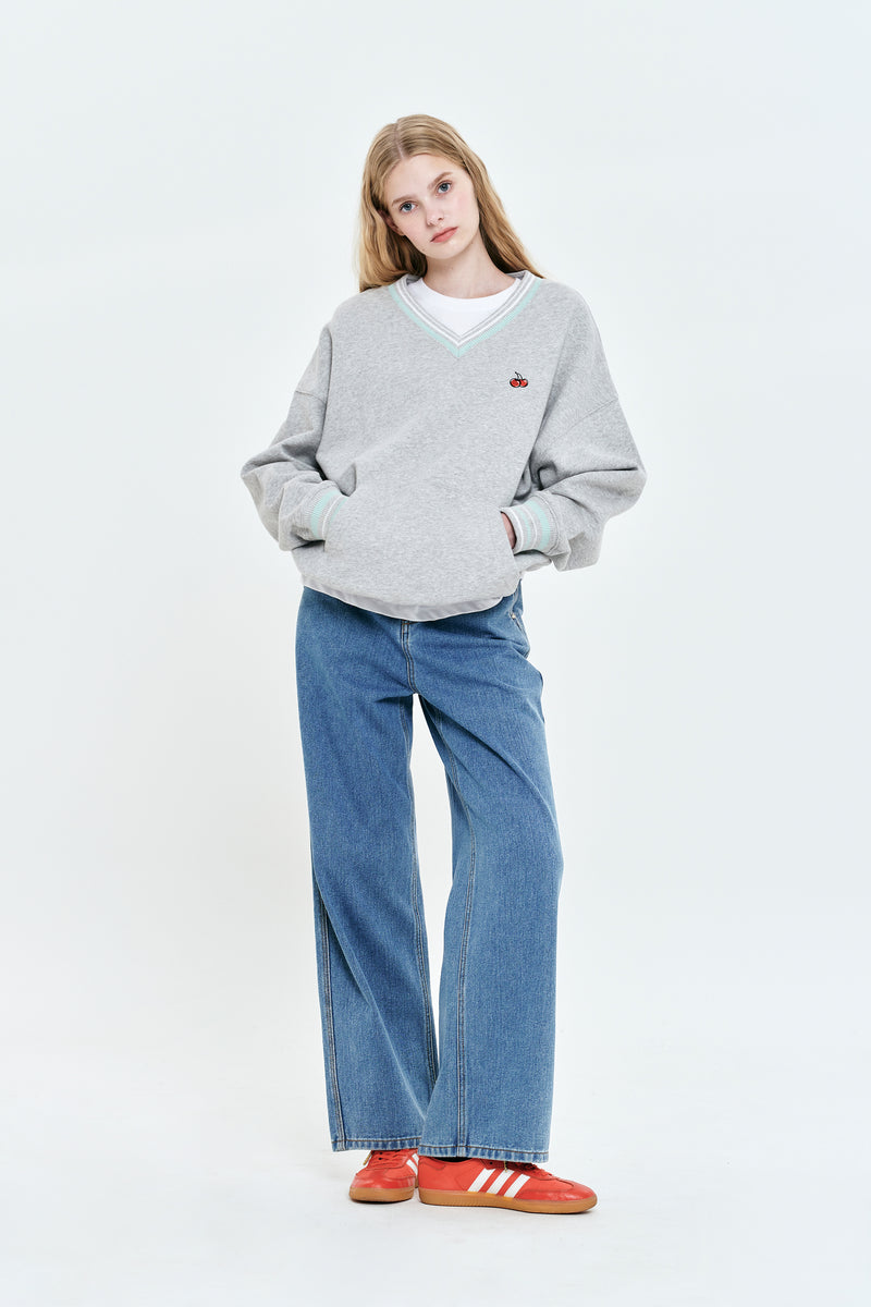 SMALL CHERRY V-NECK NAPPING SWEATSHIRT [MELANGE GRAY] – 60