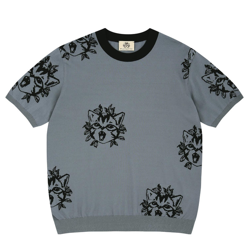 サンセットウィズユーインターシャニットTシャツ/Sunset with you intarsia knit T-shirt Charcoal grey  [Unisex]