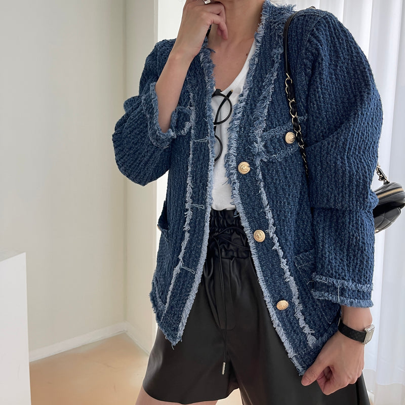 ツイードフリンジデニムジャケット インディゴ / Tweed fringed denim jacket Indigo