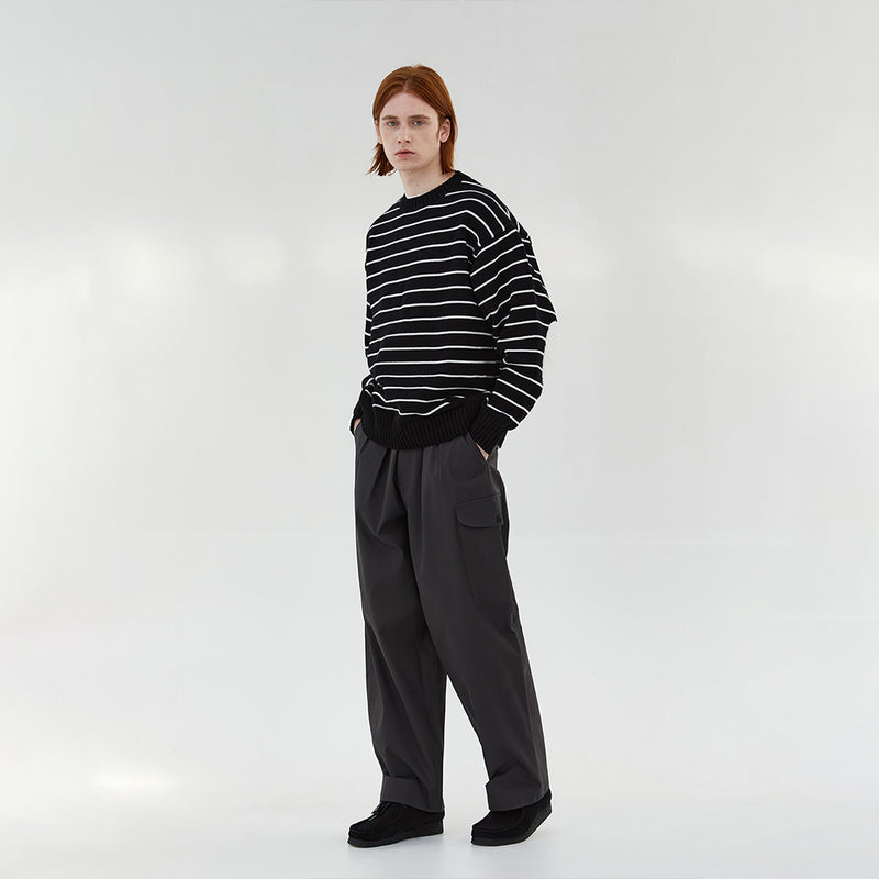 ホリゾンタルストライプコットンセーター / HORIZONTAL STRIPE COTTON SWEATER (BLACK)