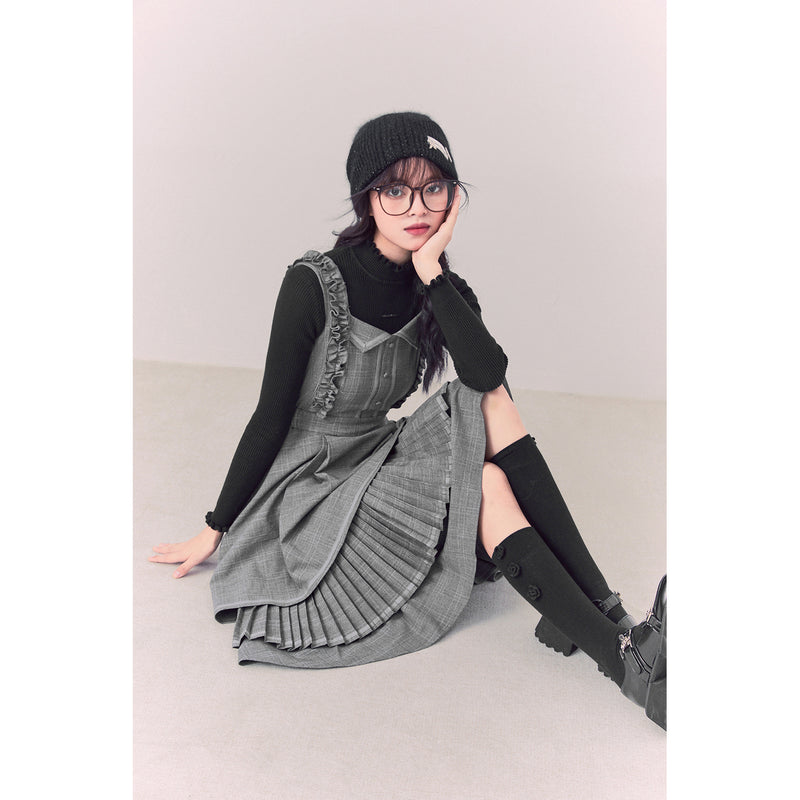 グレーチェックレイヤードラッフルストラップドレス / GREY CHECK