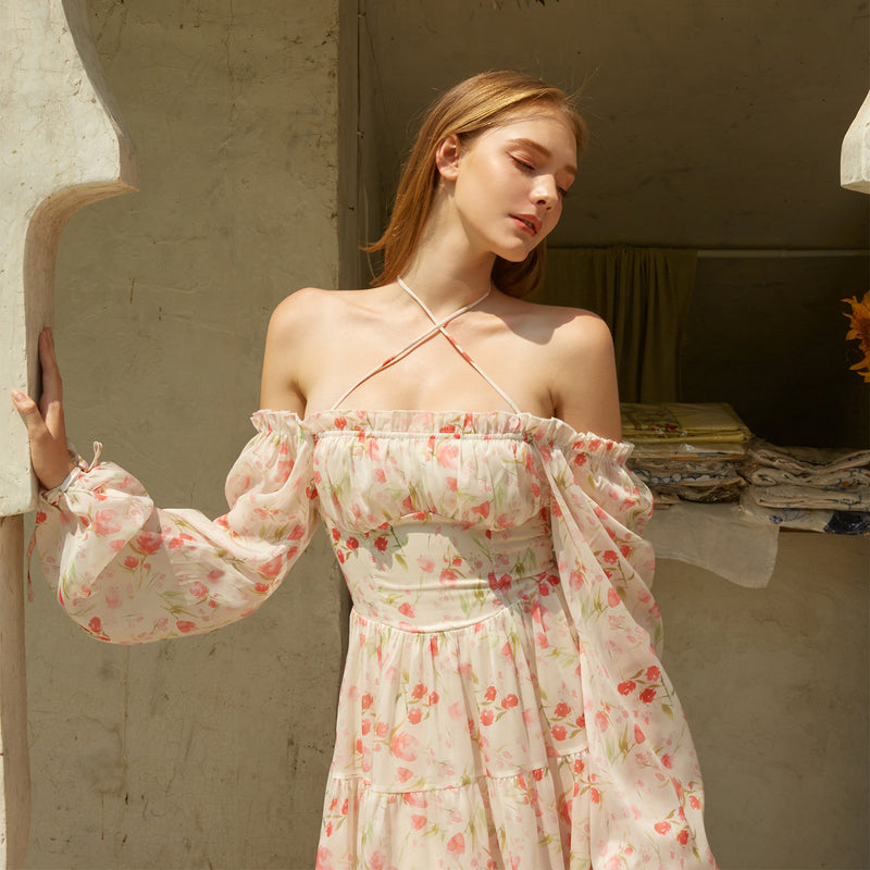 シャインフローラルオフショルダーシフォンミニドレス / Shine Flower Off Shoulder Chiffon Mini Dress