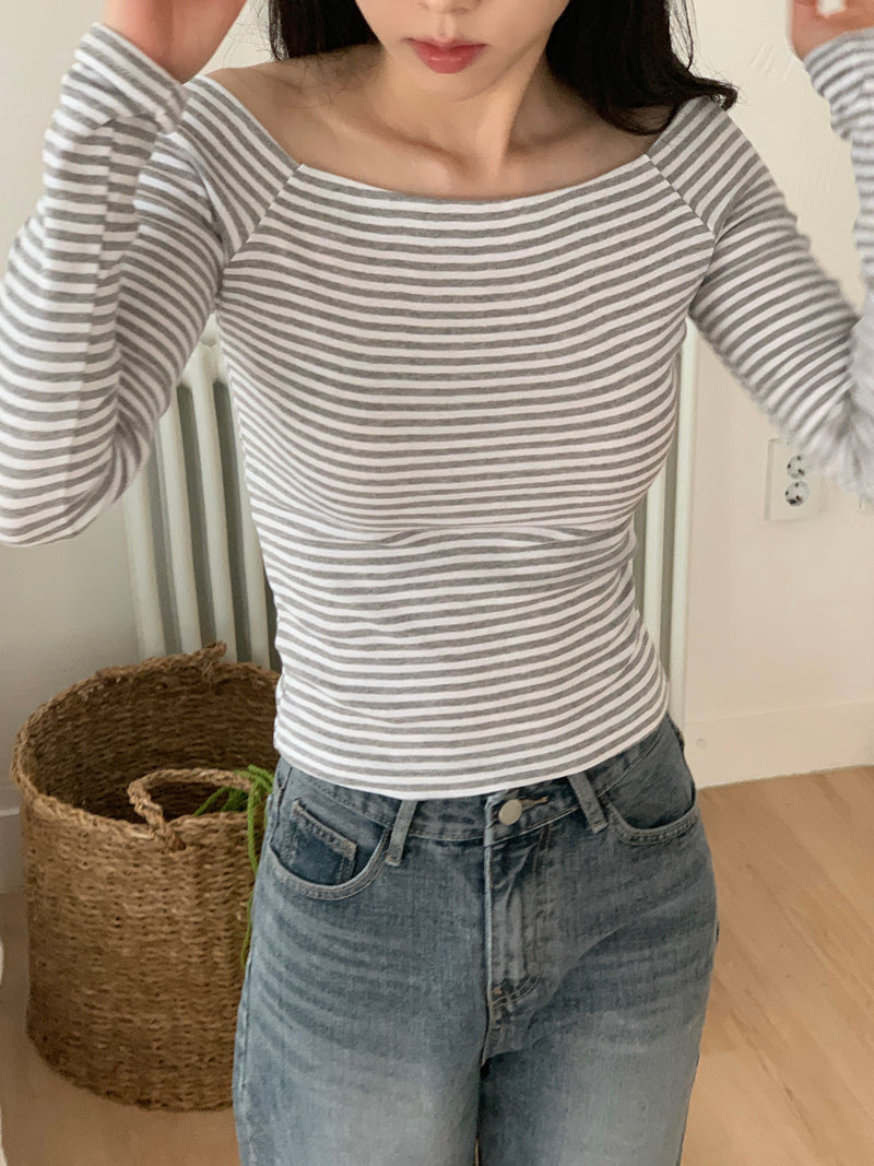 Striped Off-Shoulder Long-Sleeved T-Shirt