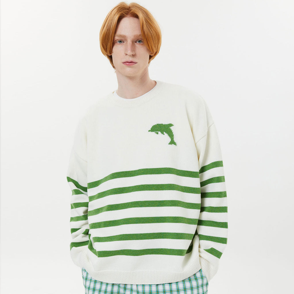 ビッグドルフィンロゴストライプクルーネックニット / Big dolphin logo stripe crew neck knit