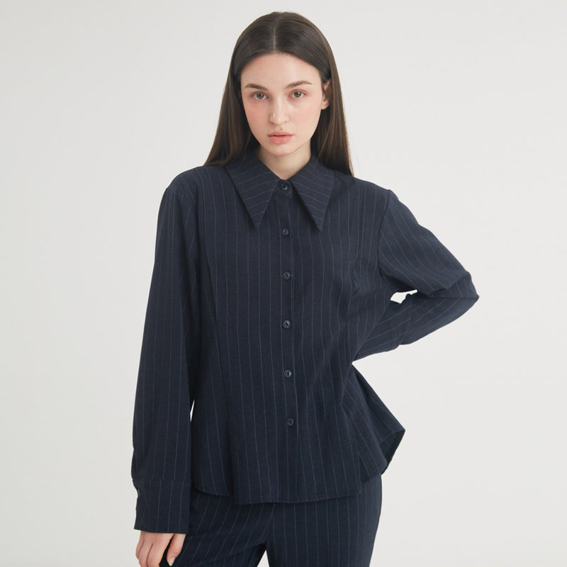 ウールストライプピンタックシャツ / Wool Stripe Pintuck Shirt (Navy)