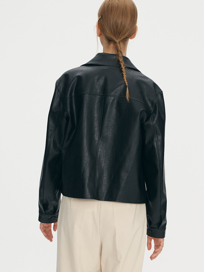 フェイクレザークロップジャケット/Fake leather crop jacket - Black
