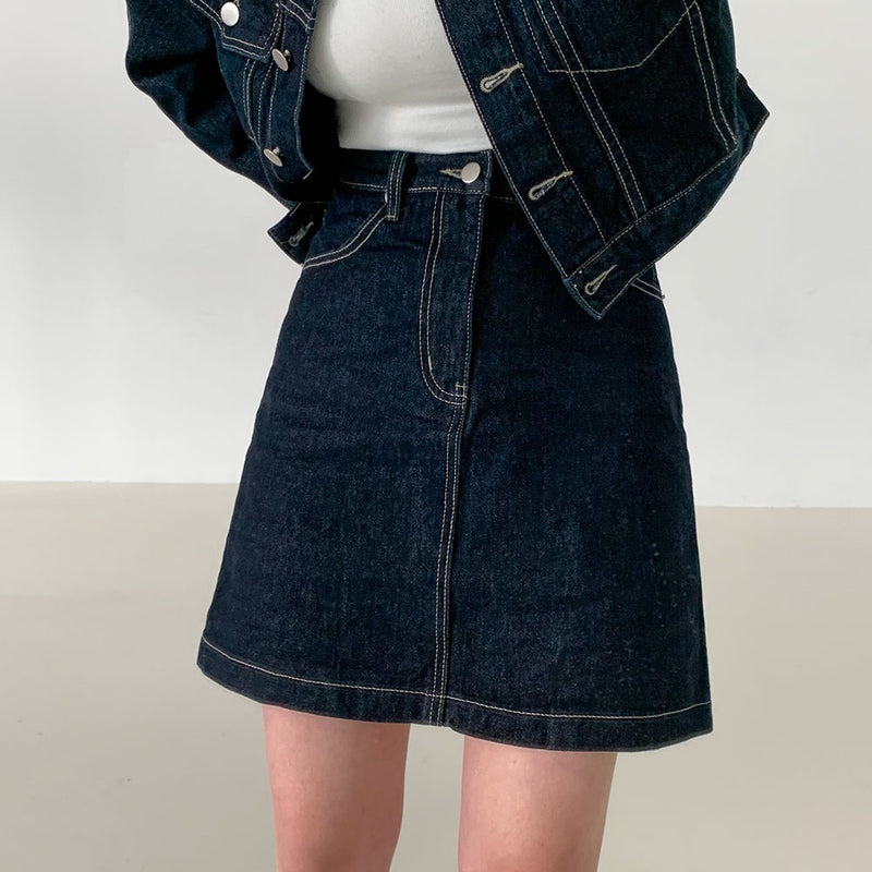 Contrast Stitch Denim Jacket And Skirt Set