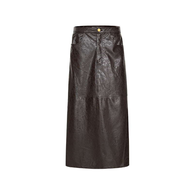 Brown leather long skirt