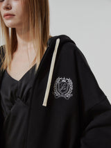 HEAVY WEIGHT OVERFITTED UNIVERSITY LOGO EMBROIDERY HOODIE ZIP UP_ BLACK (6682312212598)