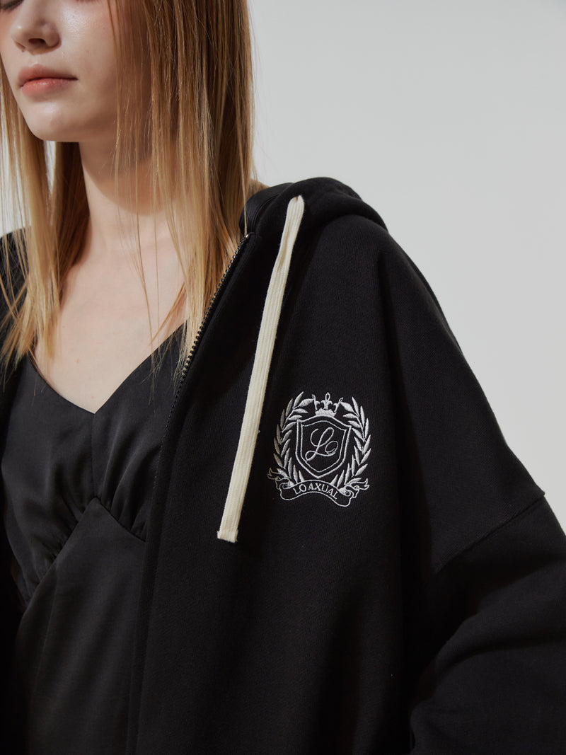 HEAVY WEIGHT OVERFITTED UNIVERSITY LOGO EMBROIDERY HOODIE ZIP UP_ BLACK (6682312212598)