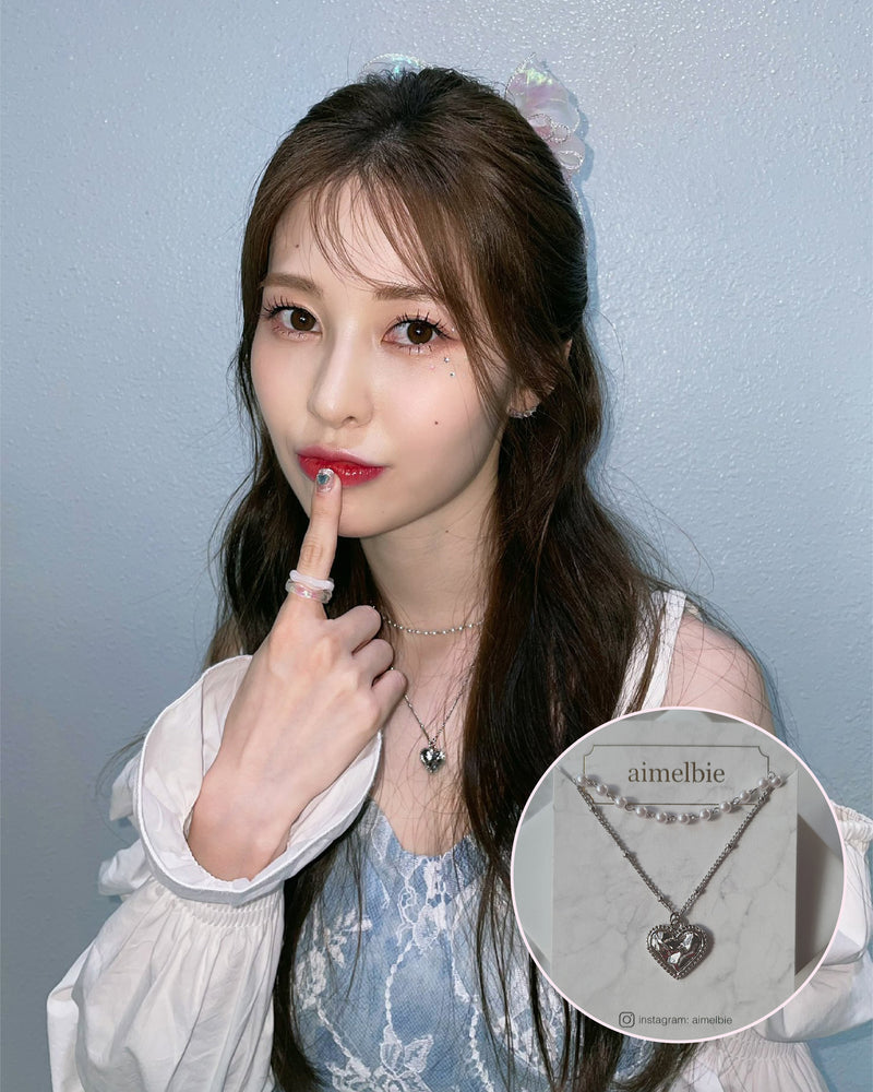 シルバーレースハートレイヤードネックレス / Silver Laced Heart Layered Necklace (Dia Yebin