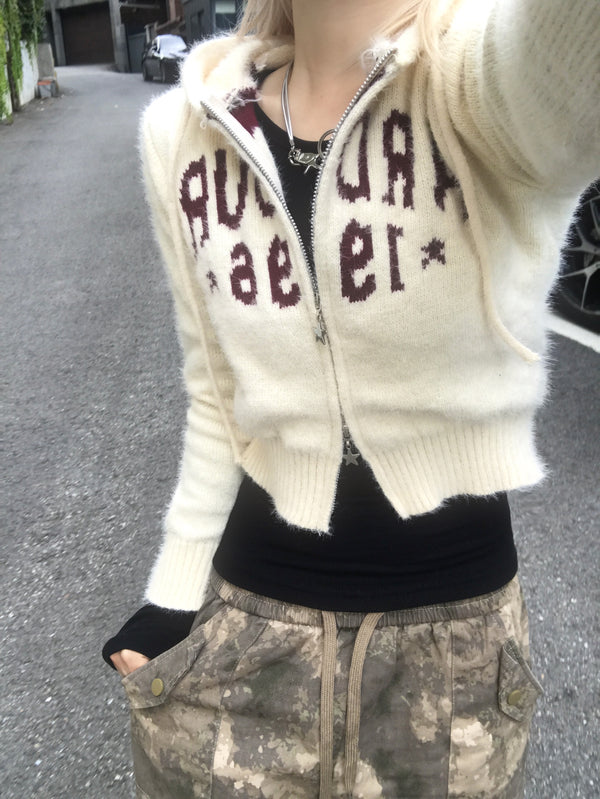 Vintage lettering Angora Knitwear Two-Way Hooded Zip-Up
