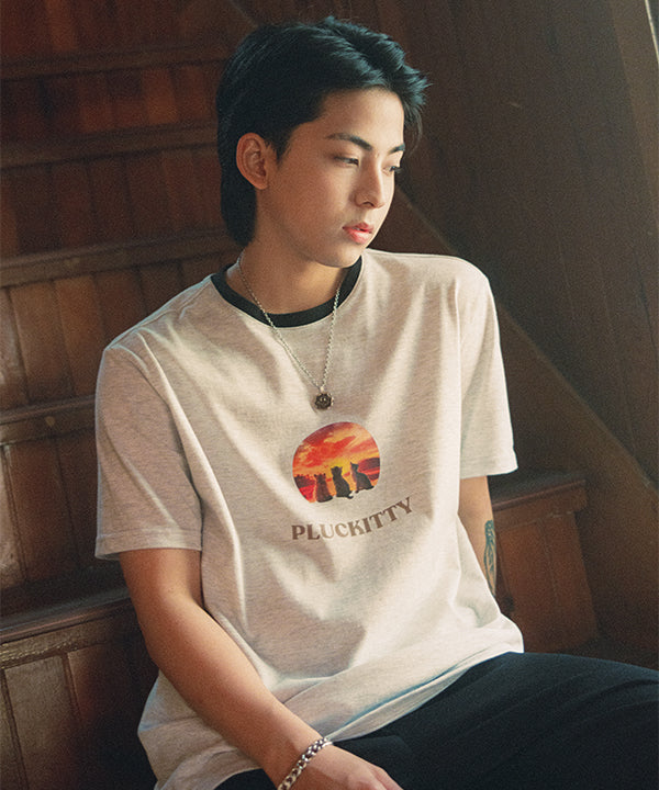 サンセットウィズユービーチプリントTシャツ / Sunset with you beach print T-shirt White melange  [Unisex]PLUCKITTY/ {{ category }}