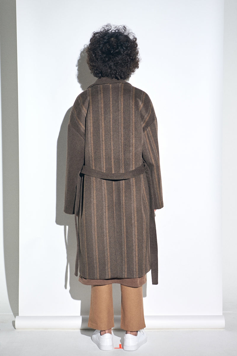 STRIPE COMBINATION WOOL ROBE COAT (Brown) / ストライプ