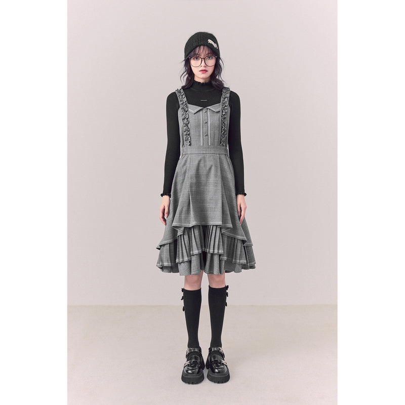 グレーチェックレイヤードラッフルストラップドレス / GREY CHECK